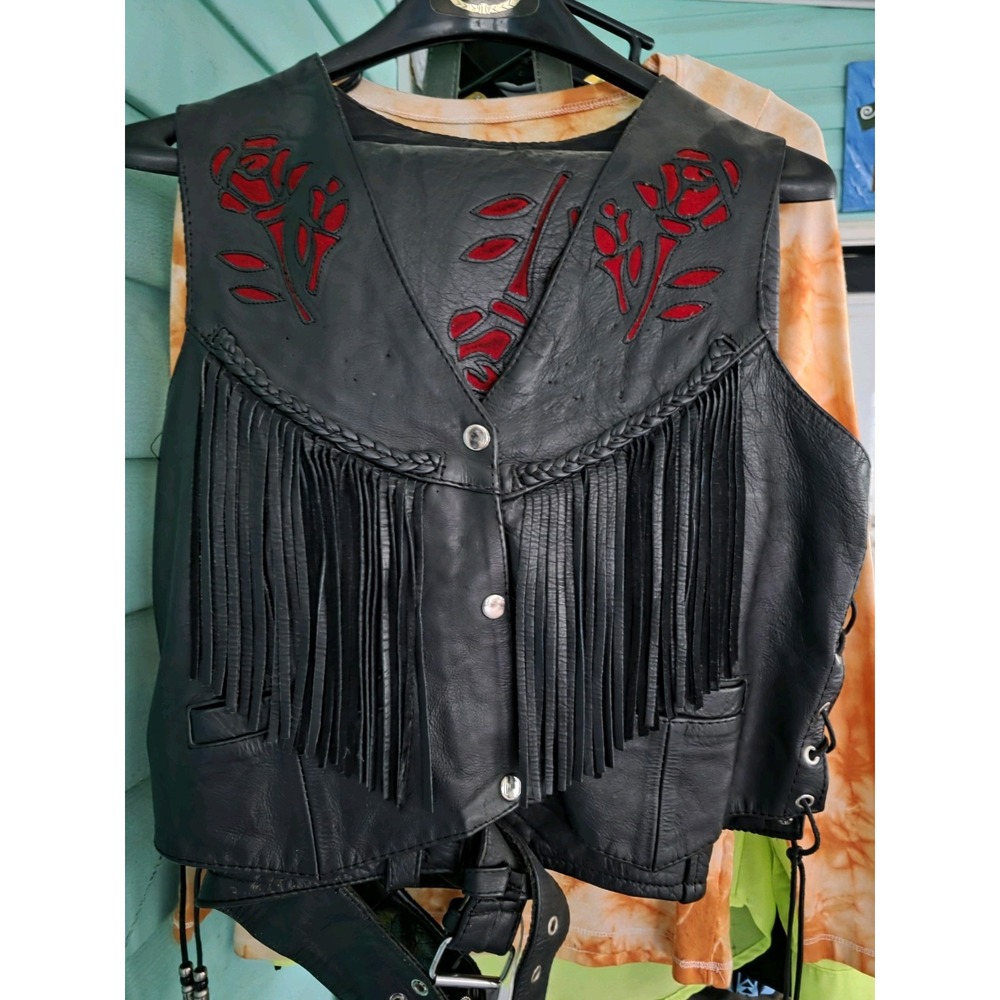 UNIK Leather Motorcycle Vest Fringe with Roses Biker Vest Western Style